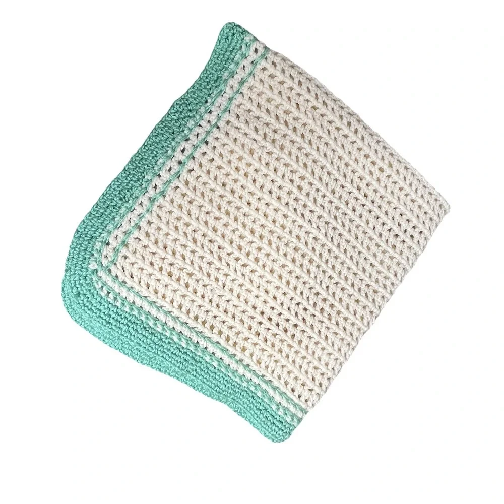 Handmade Crochet‎ Baby Blanket Afghan  Antique White Green Border Neutral New